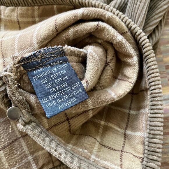 Prefab Corduroy Shirt Jacket with Plaid Flannel Lining Tan Shacket - Picture 8 of 9